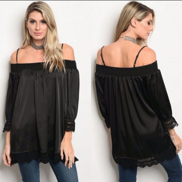 Tops - *🔥🔥Off Shoulder Satin Top-BLACK-